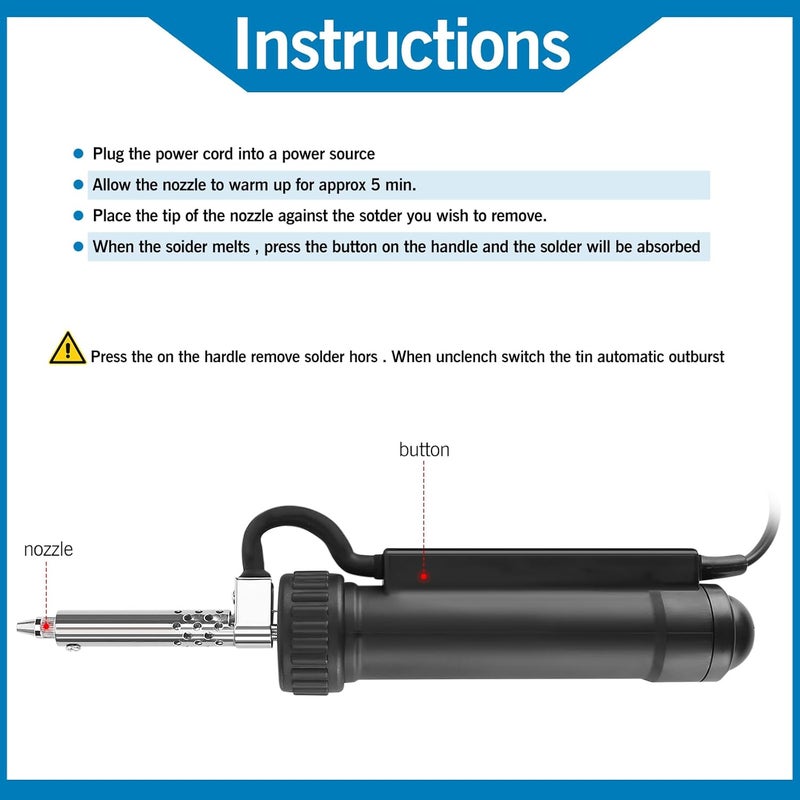 Loddery Solder sucker,Automatic Desoldering Pump Vacuum, Electric Solder Tin Sucker, Electric Desoldering Pump Automatic Vacuum Solder Sucker US Plug AC 110V 30W with 3 Soldering Suction Tips - Image 5